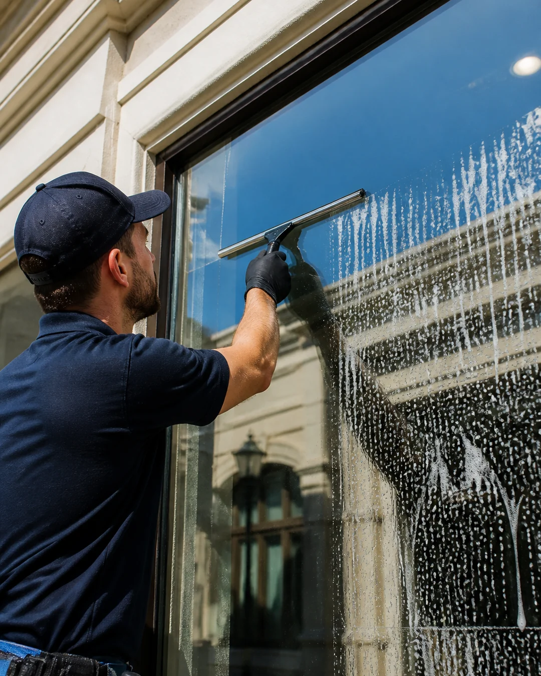 A window cleaner drawing a squeegee down a soapy storefront